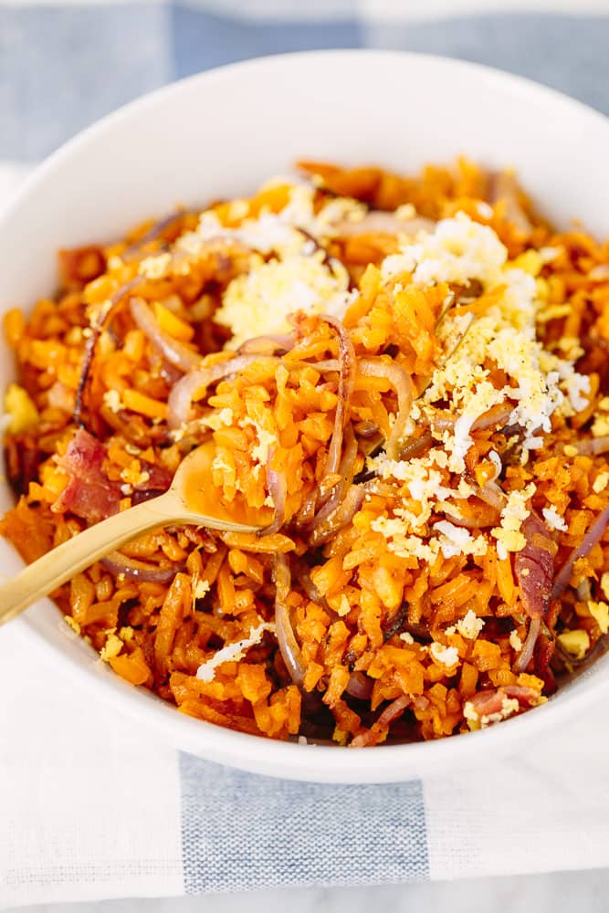 Butternut Squash Rice with Bacon, Caramelized Onions, and Grated Egg
