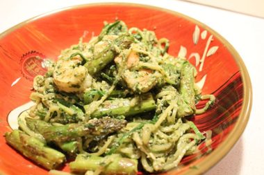 Pesto Zucchini Noodles with Asparagus and Shrimp