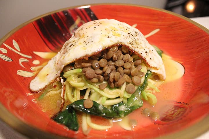 Zucchini Pasta Tower with Lentils, Escarole and a Fried Egg