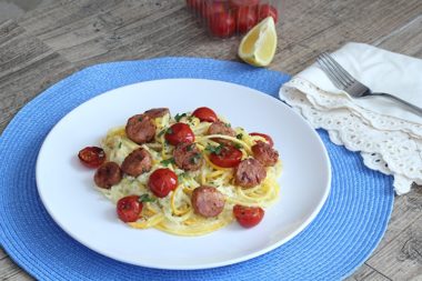 The JC Independent Feature: Corn Sauce Zucchini Spaghetti with Andouille Sausage and Seared Tomatoes