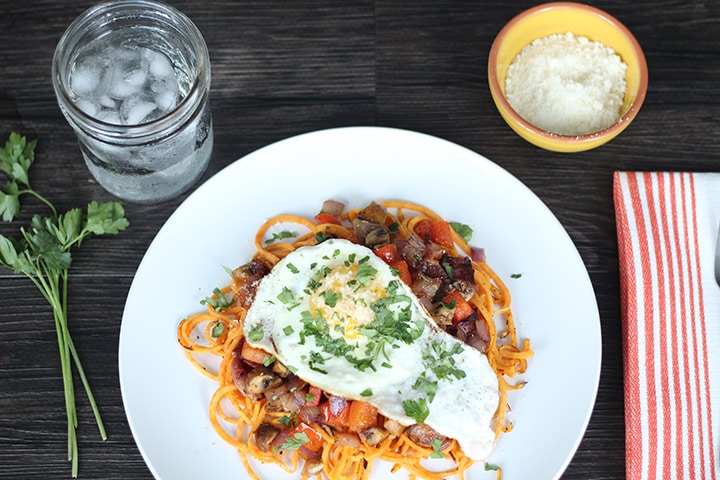 Fried Egg and Sweet Potato Noodles with Bacon & Vegetable Hash