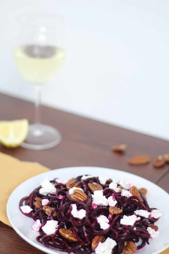 Roasted Beet Noodles with Goat Cheese and Pecans
