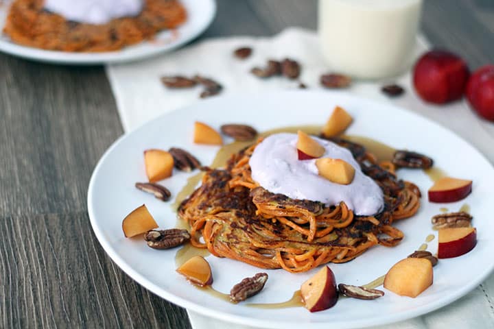 Spiralized Sweet Potato Noodle Pancakes with Blueberry Chobani Greek Yogurt