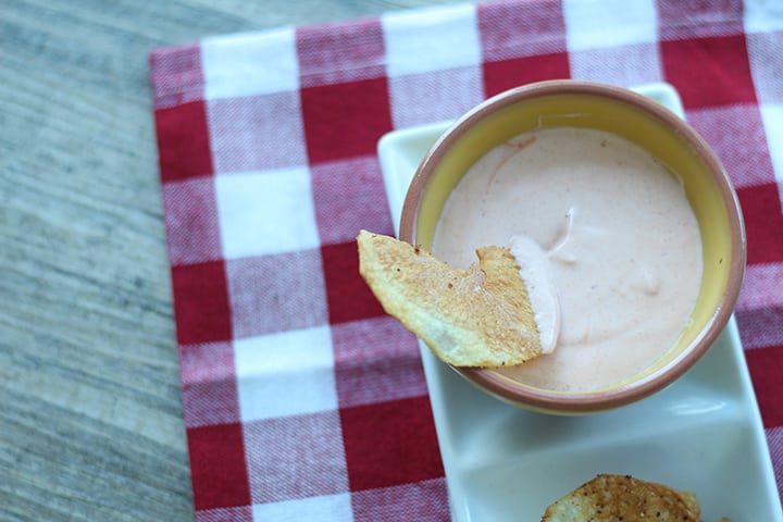 Crispy Baked Potato Chips with Sriracha Garlic Yogurt Dip