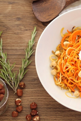 Carrot and Parsnip Noodles with Roasted Hazelnuts and Ricotta