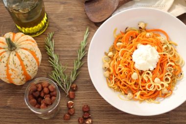 Cinnamon-Rosemary Carrot and Parsnip Noodles with Roasted Hazelnuts and Ricotta