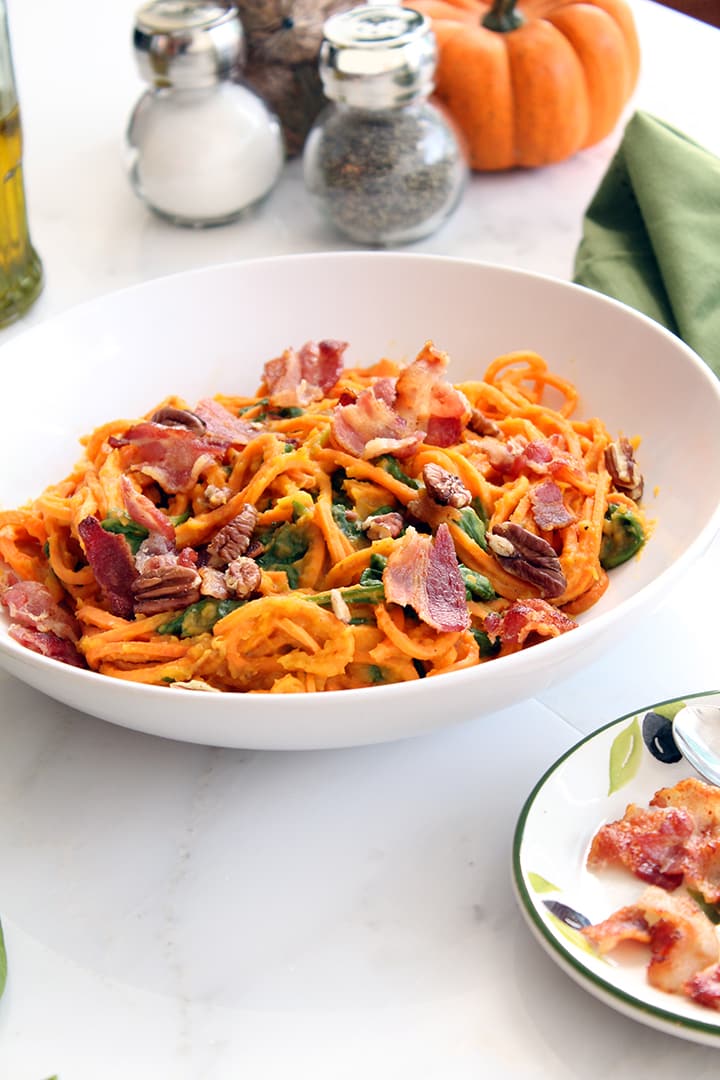 Butternut Squash Sweet Potato Noodles with Bacon, Pecans and Spinach