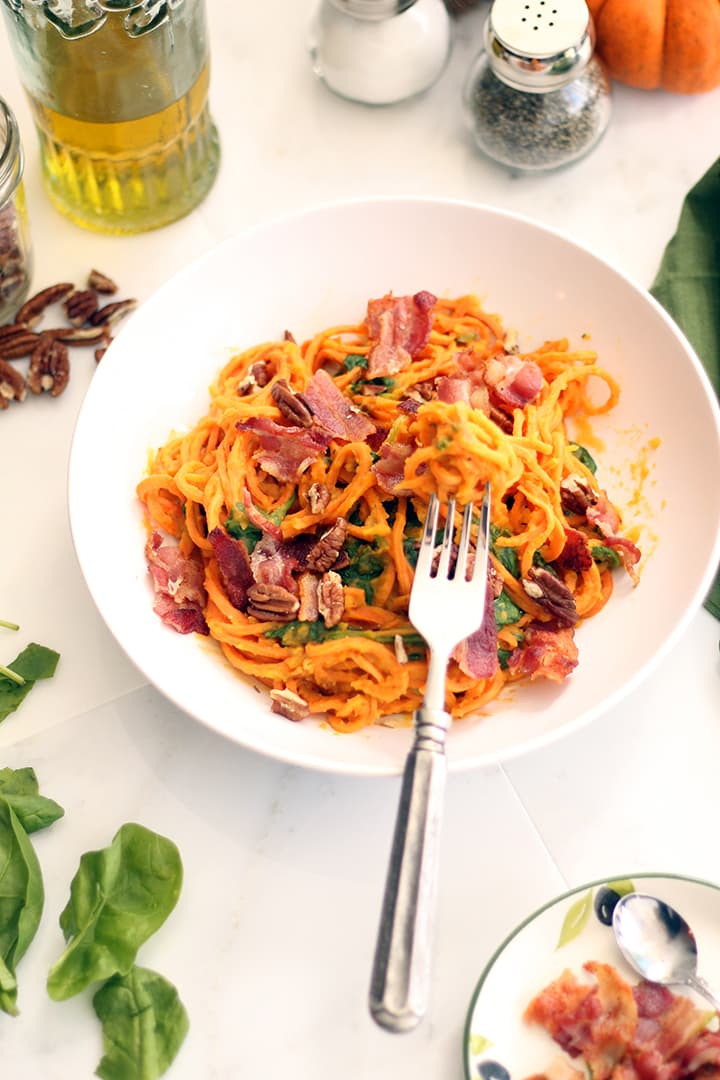 Butternut Squash Sweet Potato Noodles with Bacon, Pecans and Spinach
