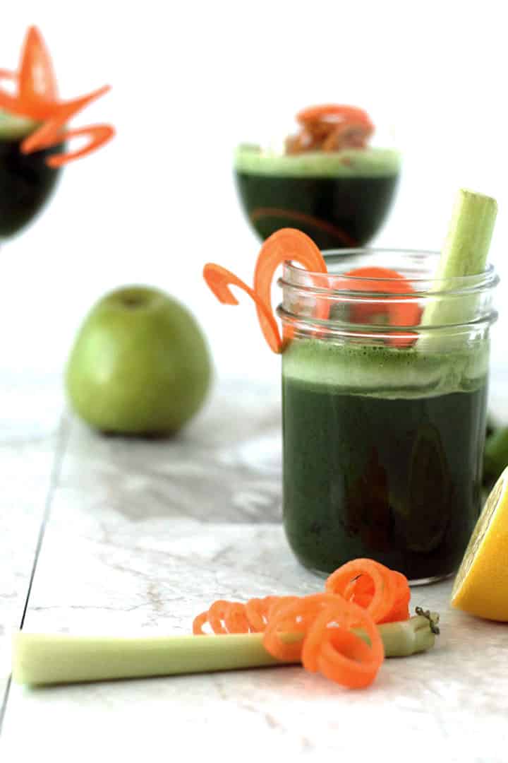 Jalapeno and Cilantro Green Juice with Spiralized Carrot Garnish