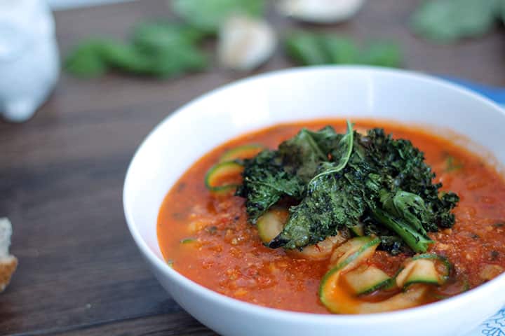 Roasted Tomato Basil Zucchini Noodle Soup with Kale Chips