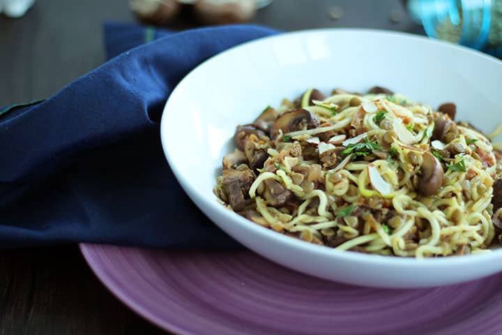 Mushroom, Lentil and Pancetta Zucchini Pasta with Toasted Almonds