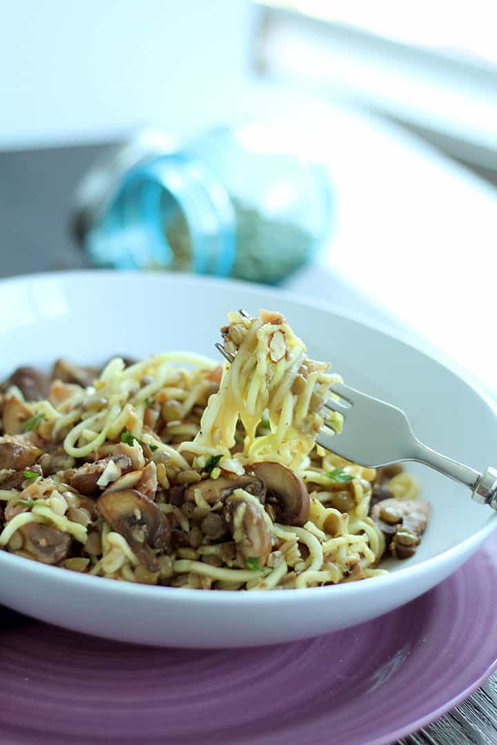 Mushroom, Lentil and Pancetta Zucchini Pasta with Toasted Almonds
