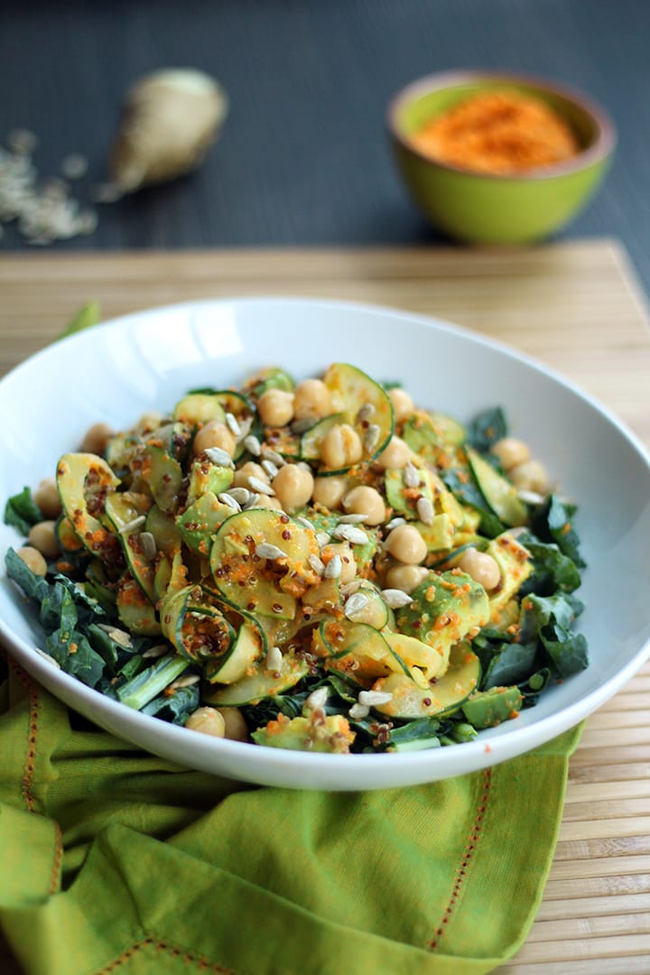 Miso-Ginger Carrot Cucumber Noodles with Kale, Chickpeas, Sunflower Seeds, Quinoa and Avocado