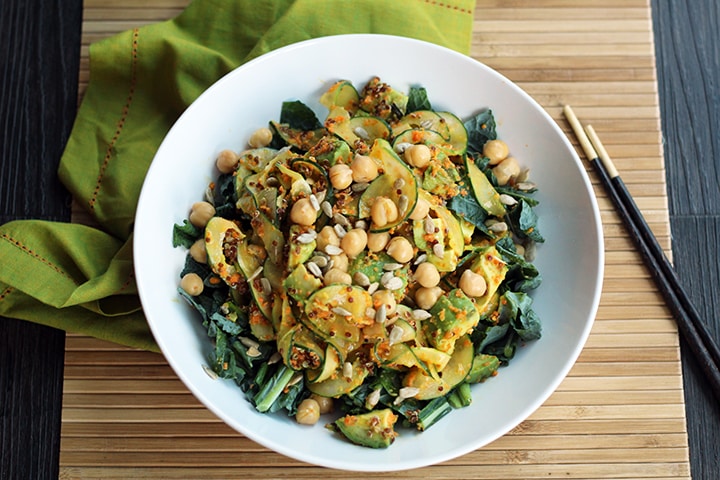 Miso-Ginger Carrot Cucumber Noodles with Kale, Chickpeas, Sunflower Seeds, Quinoa and Avocado