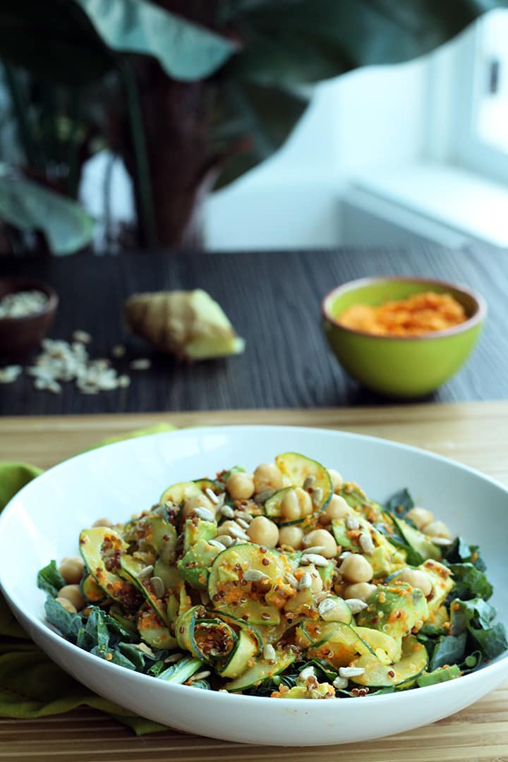  CARROT MISO-GINGER CUCUMBER NOODLES WITH SUNFLOWER SEEDS, CHICKPEAS, KALE, AVOCADO AND RED QUINOA