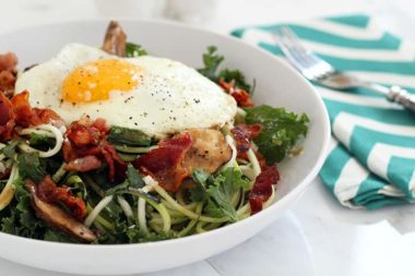 Warm Bacon Dressed Zucchini Noodles with Mushrooms, Kale and a Fried Egg