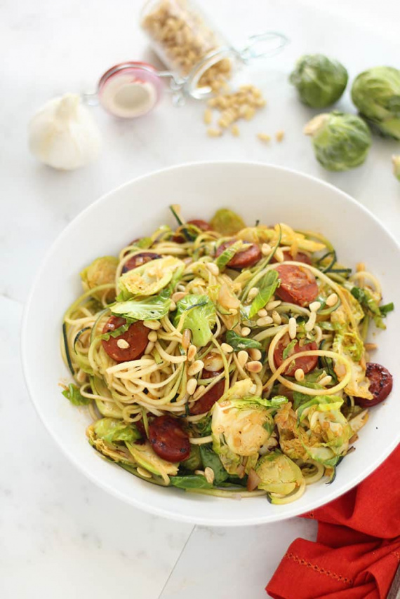 Brussel Sprout and Chorizo Hash Zucchini Pasta with Toasted Pine Nuts