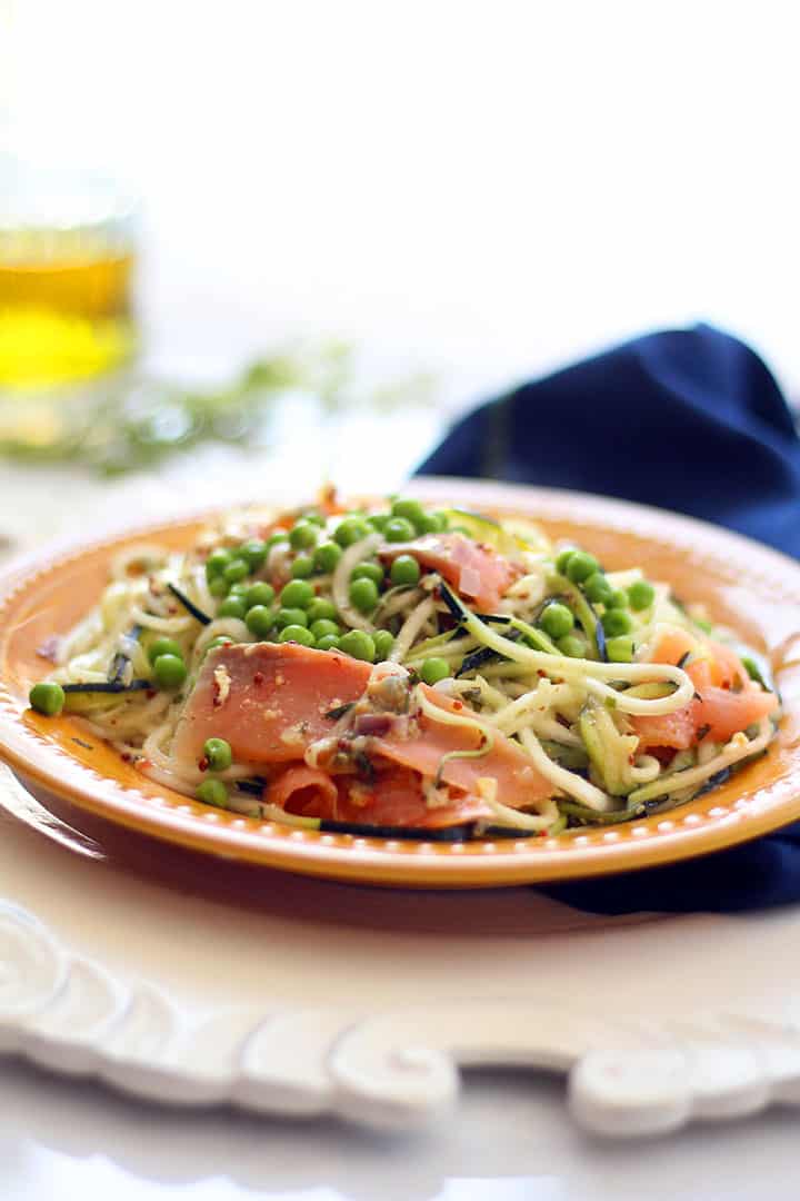 Mustard-Tarragon Zucchini Pasta with Smoked Salmon and Peas