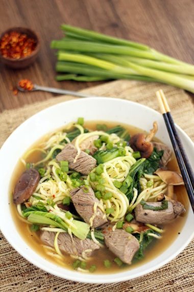 Beef Zucchini Noodle Soup with Shitake Mushrooms and Baby Bok Choy