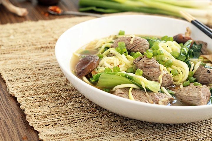 Beef Noodle Soup with Shitake Mushrooms and Baby Bok Choy