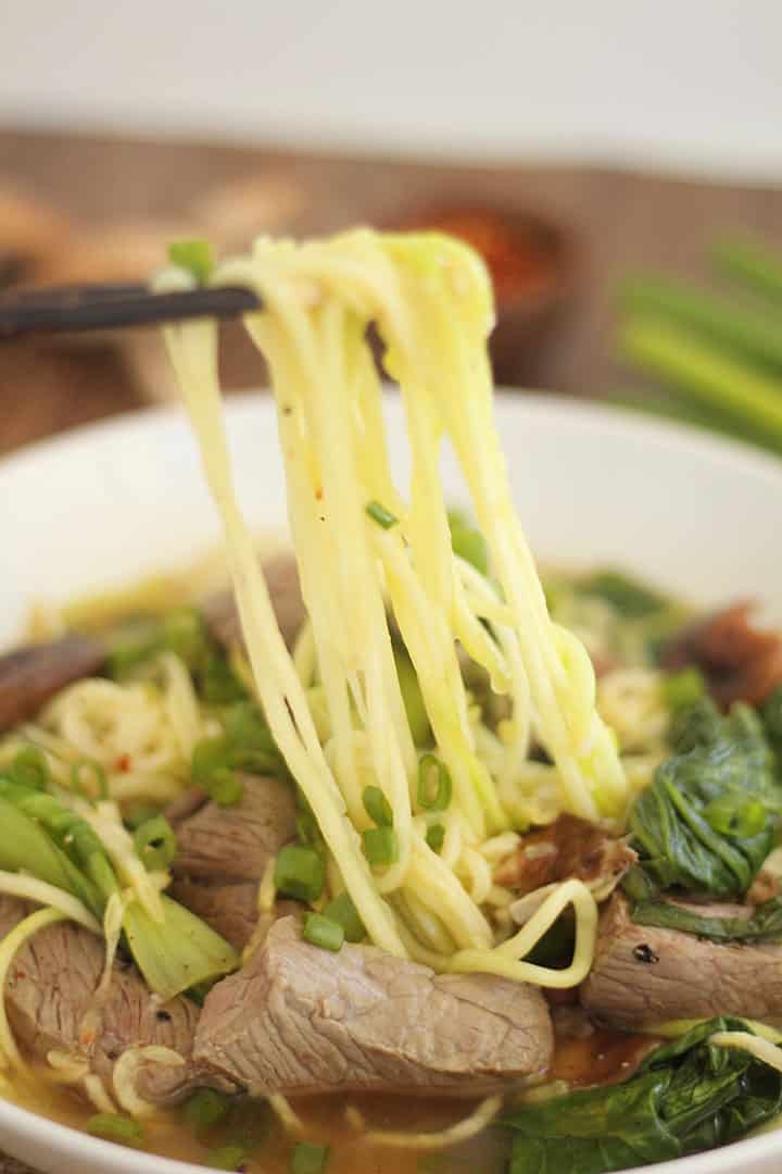 Beef Noodle Soup with Shitake Mushrooms and Baby Bok Choy