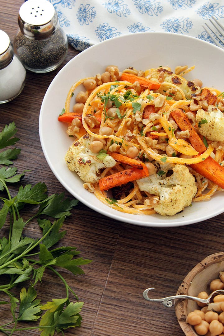 Herbed Ricotta Chickpea Butternut Squash Noodles with Cumin-Roasted Carrots and Cauliflower