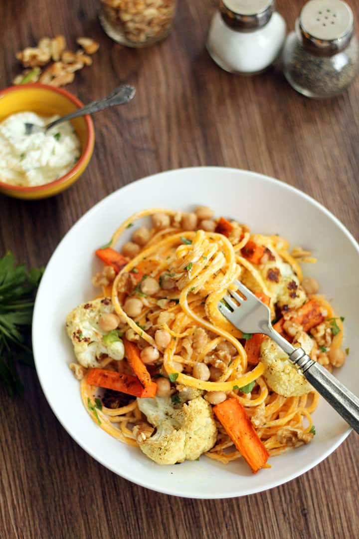 Herbed Ricotta Chickpea Butternut Squash Noodles with Cumin-Roasted Carrots and Cauliflower