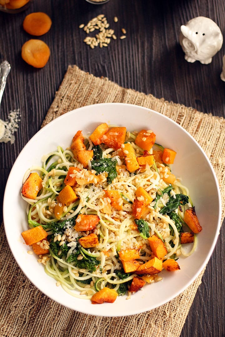 Roasted Butternut Squash Zucchini Pasta with Kale, Apricots and Wheatberries 