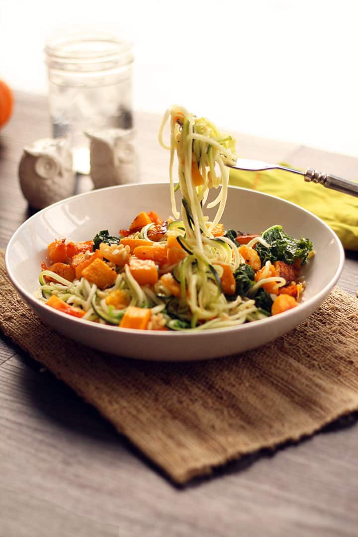 Roasted Butternut Squash Zucchini Pasta with Kale, Apricots and Wheatberries