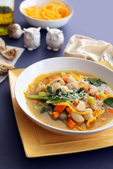 Butternut Squash Noodle Soup with Swiss Chard and Butter Beans