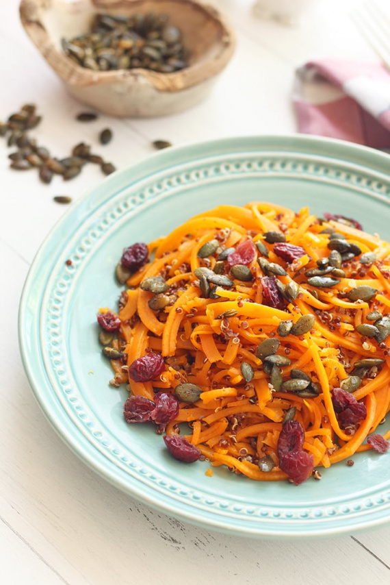 Roasted Butternut Squash Noodles & Quinoa with Dried Cranberries, Spiced Pumpkin Seeds and Goat Cheese