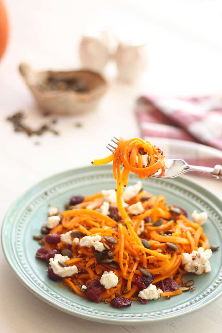 Roasted Butternut Squash Noodles & Quinoa with Dried Cranberries, Spiced Pumpkin Seeds and Goat Cheese