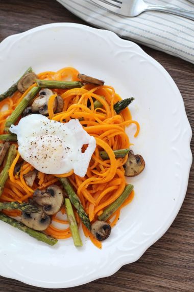 Roasted Asparagus & Mushroom Butternut Squash Noodles with a Poached Egg
