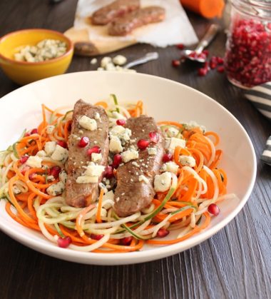 Pomegranate-Maple-Cider Carrot & Cucumber Noodles with Chili Beef and Blue Cheese