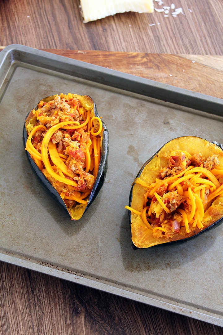 Butternut Squash Noodle Turkey Bolognese Stuffed Acorn Squash with Melted Gruyere