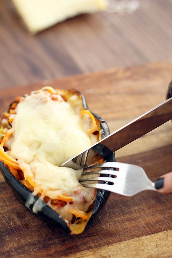 Butternut Squash Noodle Turkey Bolognese Stuffed Acorn Squash with Melted Gruyere