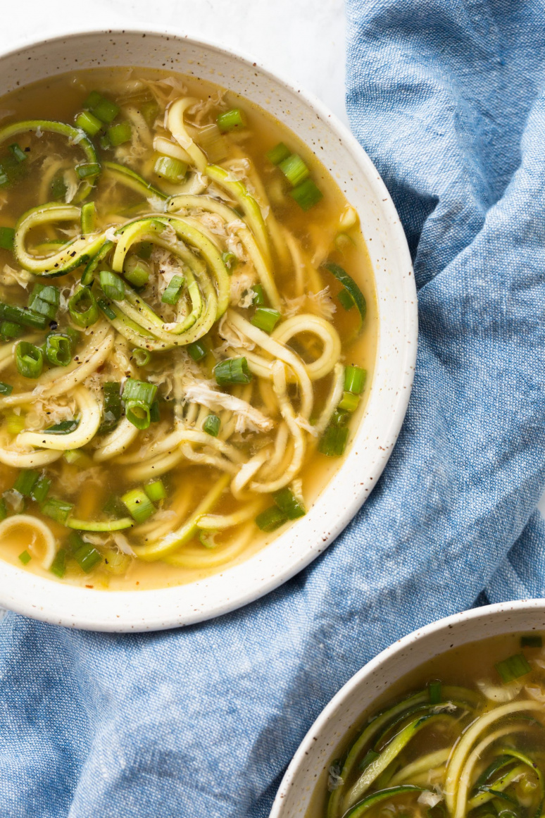 Spicy Ginger Scallion Egg Drop Soup with Zoodles