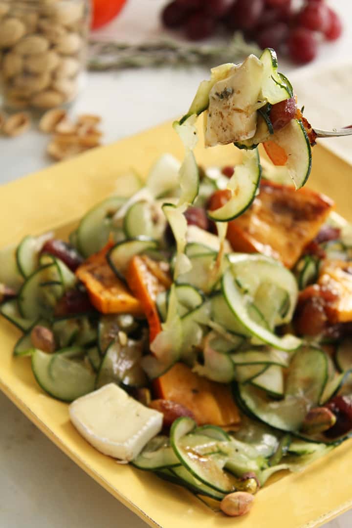 Warm Balsamic & Roasted Grape Cucumber Noodles with Roasted Persimmons, Camembert and Pistachios