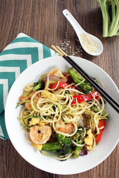 Teriyaki Zucchini “Fried” Noodles with Shrimp, Peppers, Onions and Broccoli