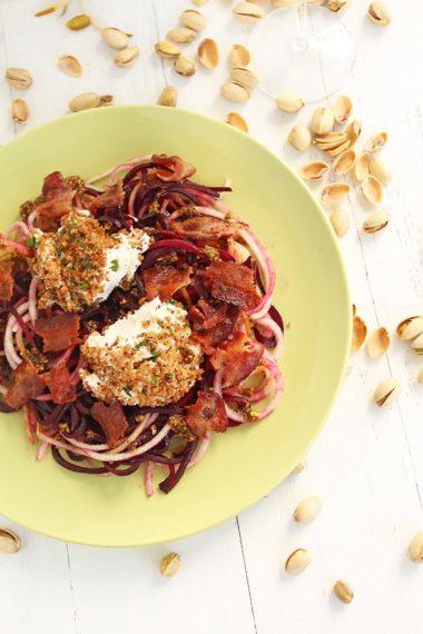 Beet and Anjou Pear Noodles with Warm Bacon-Pistachio Dressing & Baked Goat Cheese