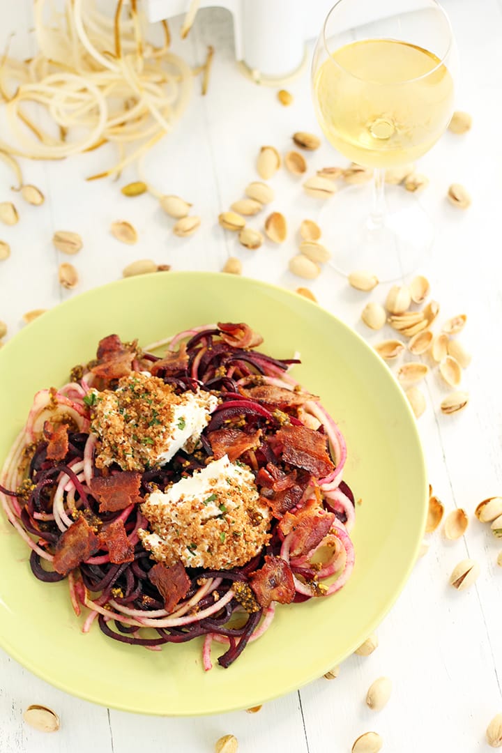 Beet and Anjou Pear Noodles & Baked Goat Cheese with Warm Bacon-Pistachio Dressing