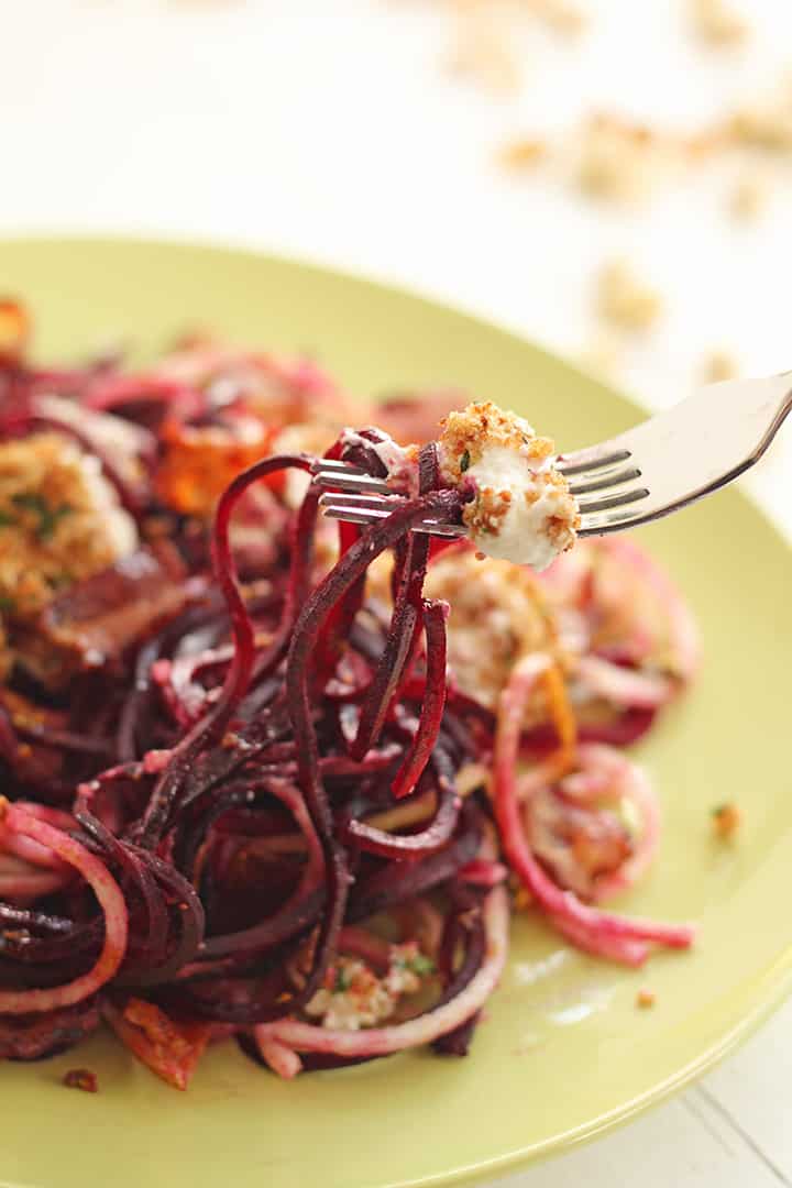 Beet and Anjou Pear Noodles & Baked Goat Cheese with Warm Bacon-Pistachio Dressing