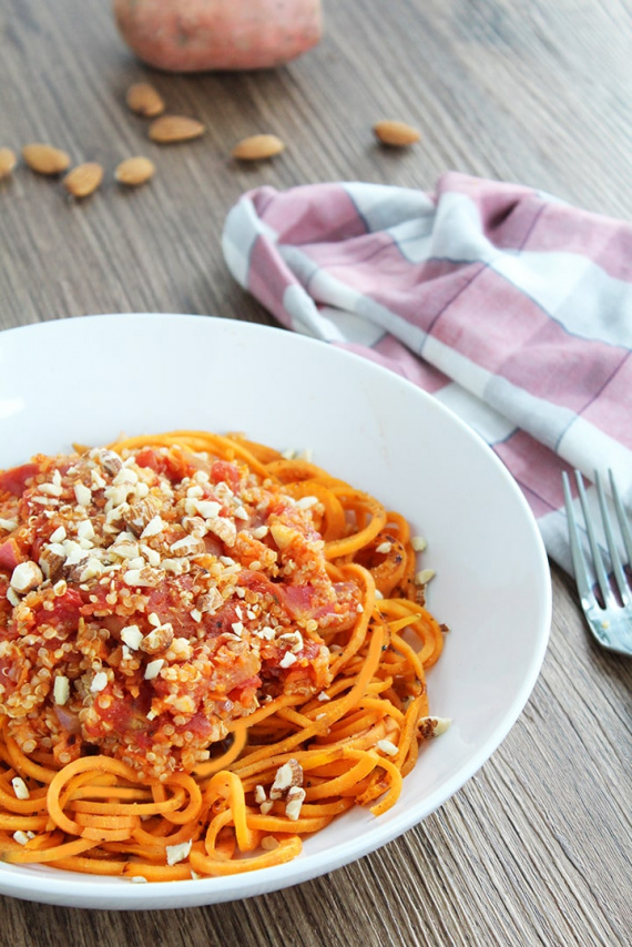 Quinoa Sweet Potato Noodle Bolognese with Toasted Crushed Almonds