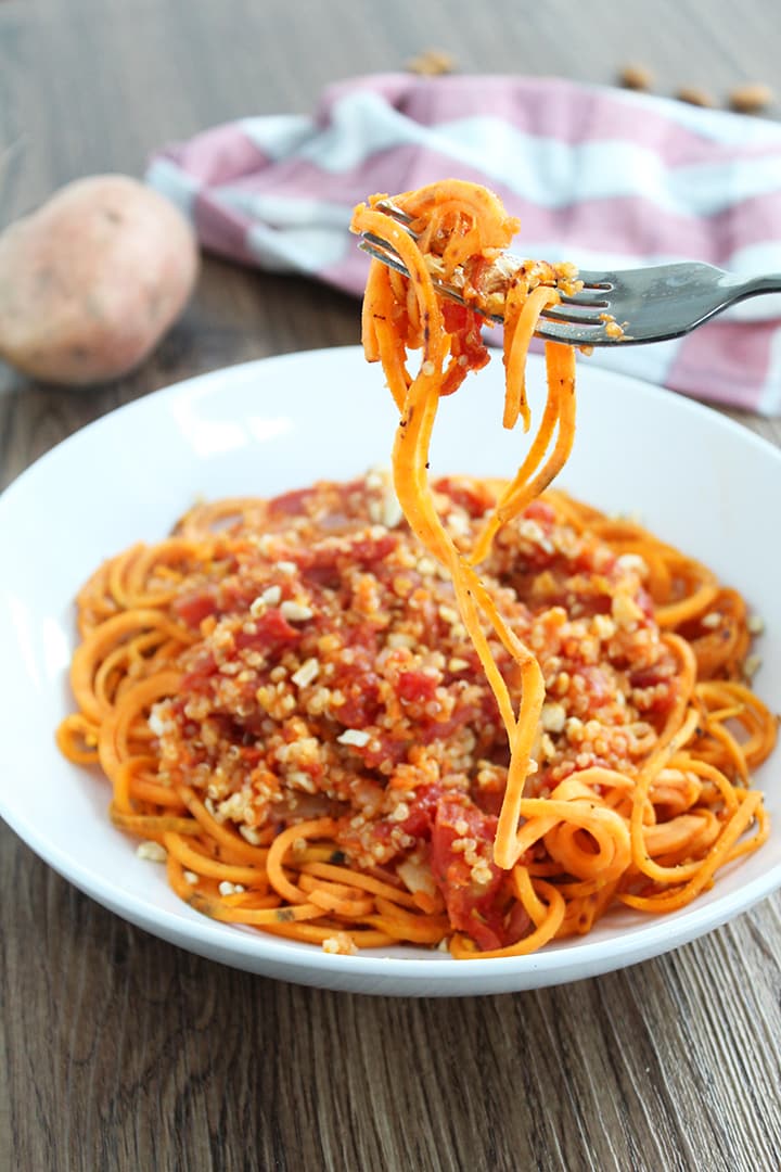Quinoa Sweet Potato Noodle Bolognese with Toasted Crushed Almonds