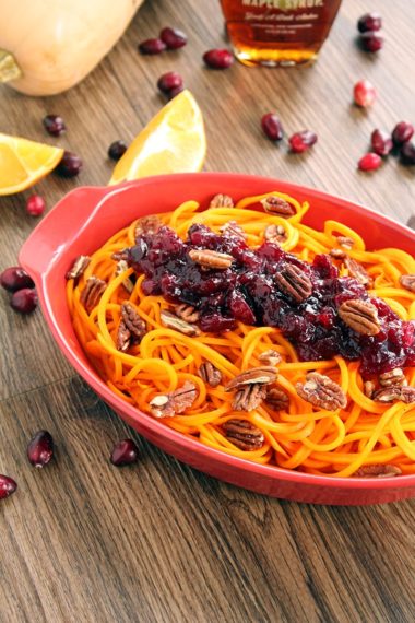 Roasted Butternut Squash Noodles with Orange-Cranberry Sauce & Honey Roasted Pecans