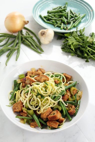 “Leftovers” Zucchini Pasta (featuring Garlic Green Beans & Vegan Whole Wheat Stuffing)