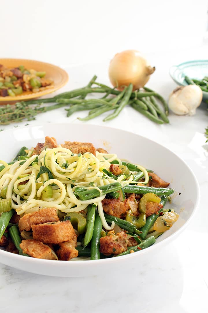 Zucchini Pasta with Stuffing and Green Bean Leftovers