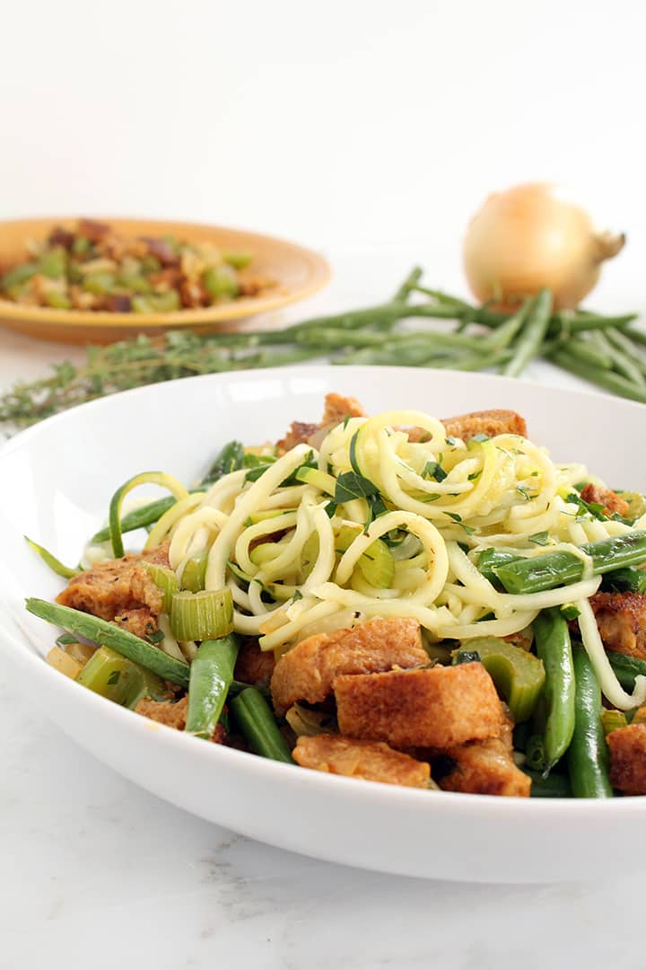 Zucchini Pasta with Stuffing and Green Bean Leftovers