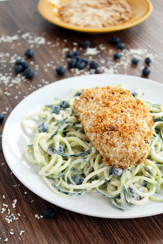 Blueberry-Yogurt Zucchini Pasta Salad with Coconut Crusted Baked Chicken