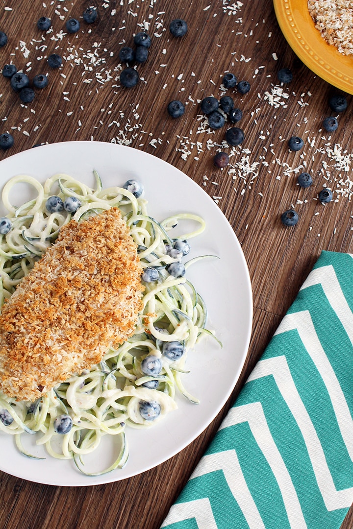 Blueberry-Yogurt Zucchini Pasta Salad with Coconut Crusted Baked Chicken 